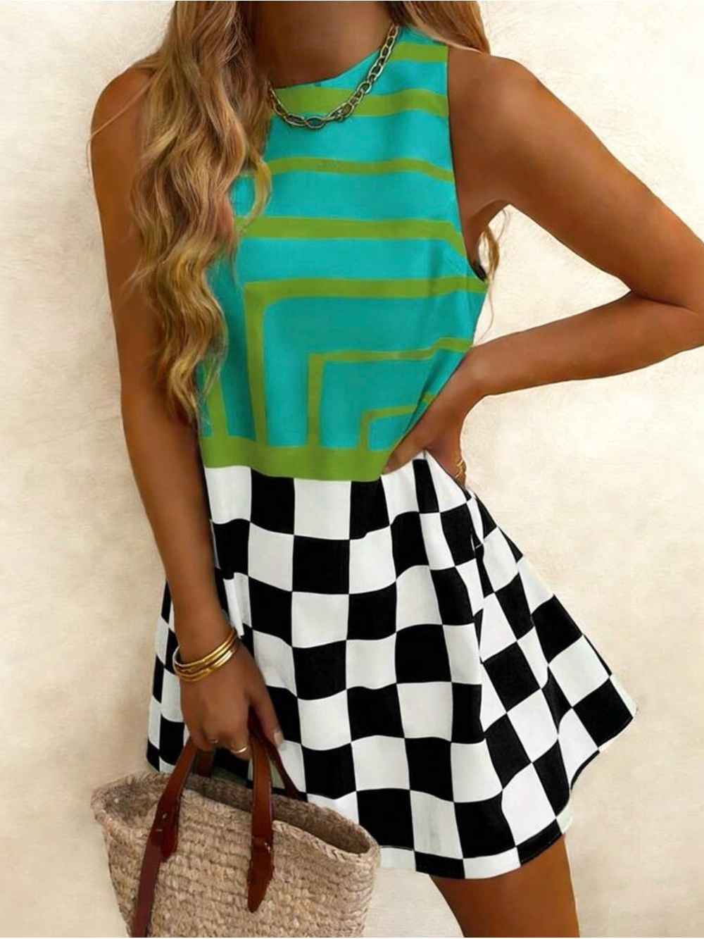 Turquoise & Green Geometric Top with Black and White Check Midi Dress